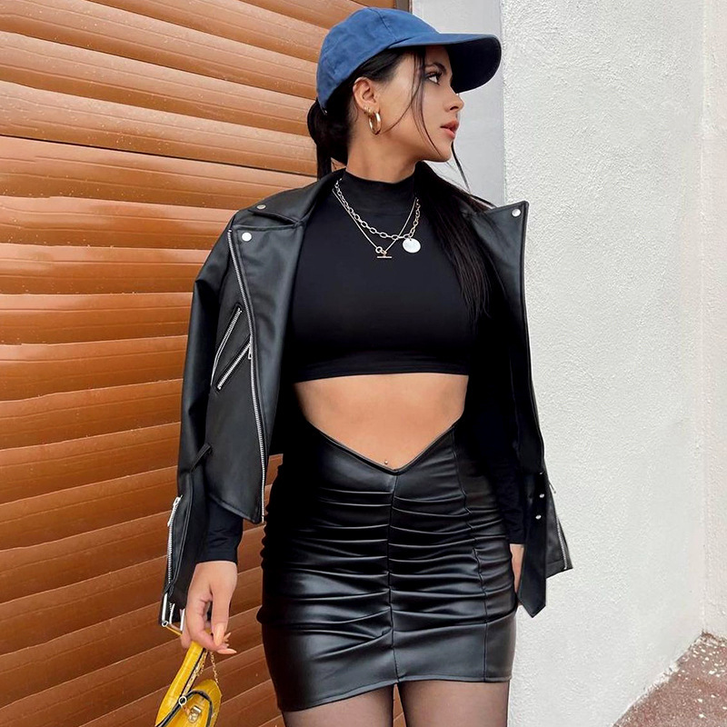 OM- 2025 Trendy Solid Color Pleated PU Bodycon Skirt Women's Short Skirt